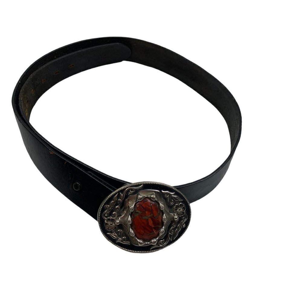 Leather Eagle Embossed Leather Belt With Silver and Stone Belt Buckle Men's 40